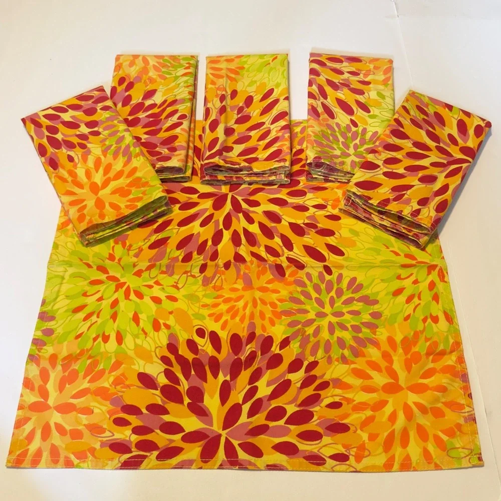 Fiesta Floral Cloth Napkins Set of 6 Yellow Orange Red Green Sunburst 18x18 Sq
